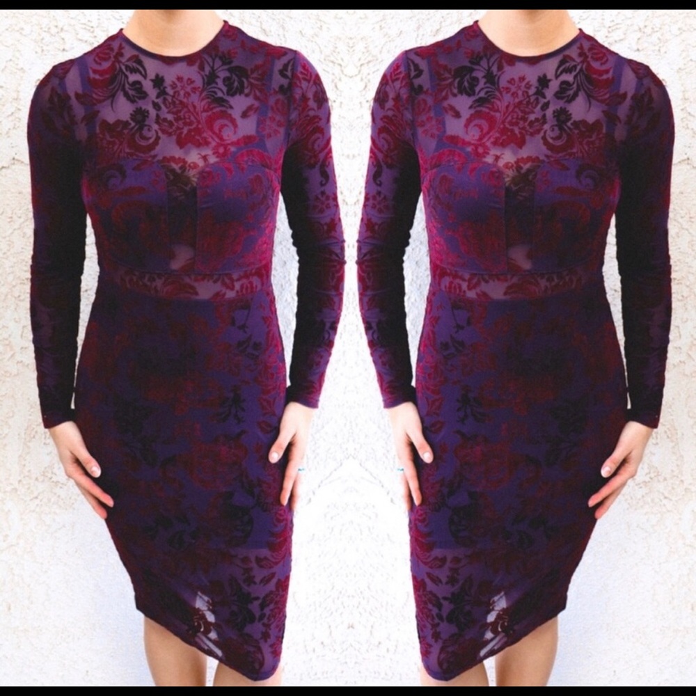 Sexy Long Sleeve Purple Plum Velvet Floral Dress
